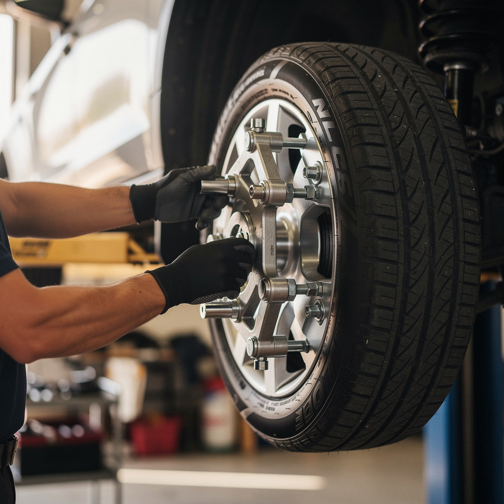 Eduardo's Alignment & Suspension technician performing precision wheel alignment service in San Diego