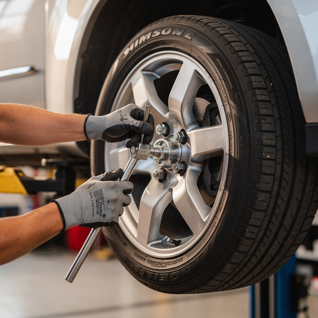 Eduardo's Alignment & Suspension technician performing a precision wheel alignment service in San Diego