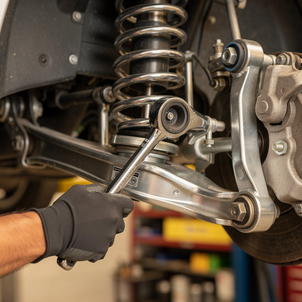 Eduardo's Alignment & Suspension expert inspecting vehicle suspension components for repair in San Diego
